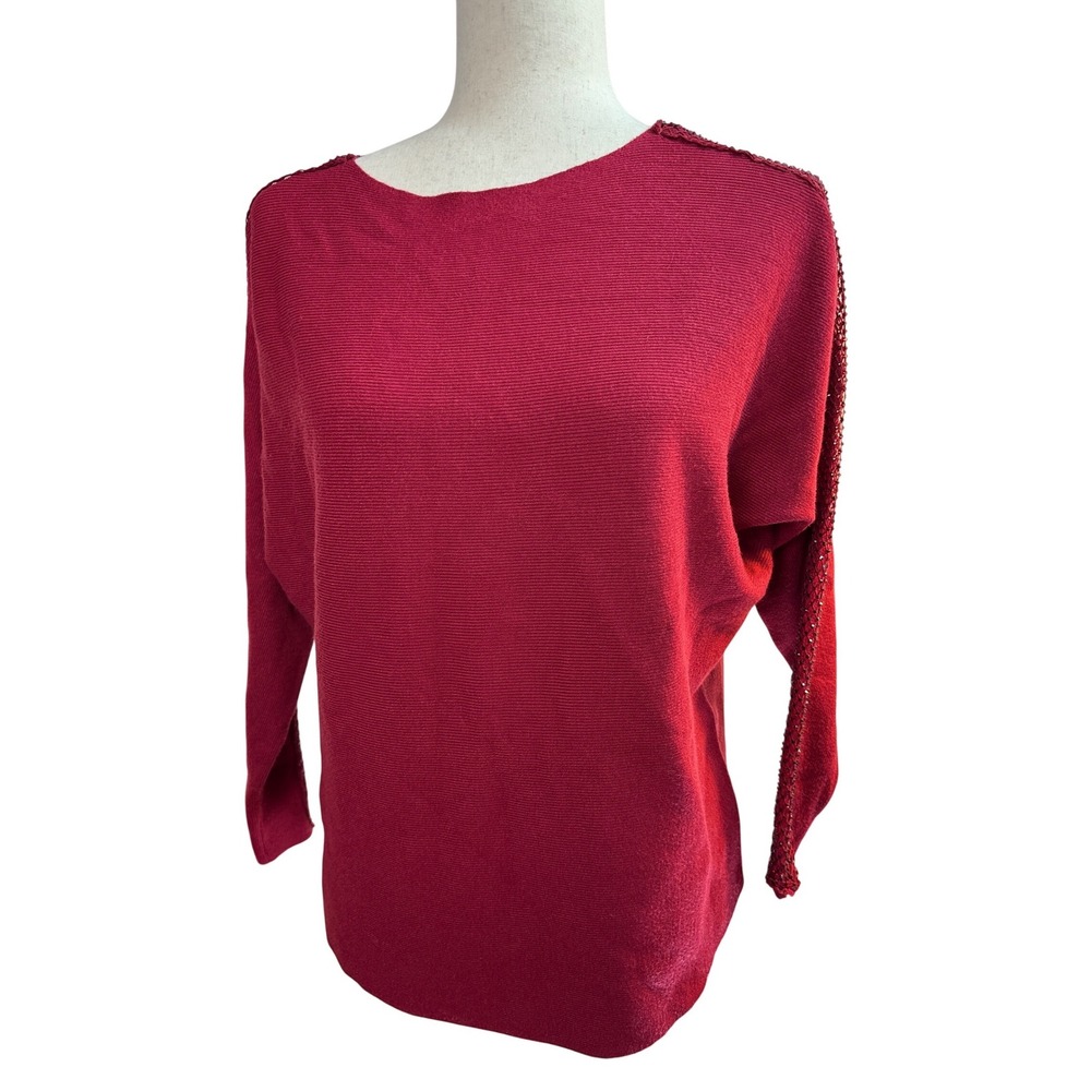 LIV Milano Womens Red Ribbed Knit Sweater Mesh‎ Beaded Shoulder DK Siam M NEW
